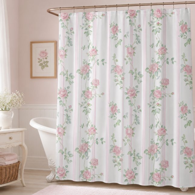 Rosa Kokette Blumen Duschvorhang (elegant shabby chic girly pale pink floral coquette rose stripe shower curtain)