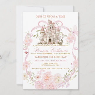Rosa Kokette Blumen Schloss Erster Geburtstag  Einladung