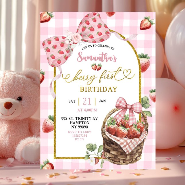 Rosa Kokette Erdbeere Gingham Erster Geburtstag Einladung (Von Creator hochgeladen)