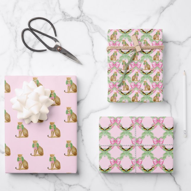 Rosa Kokette Leopard Weihnachten Geschenkpapier Set (Vorderseite)