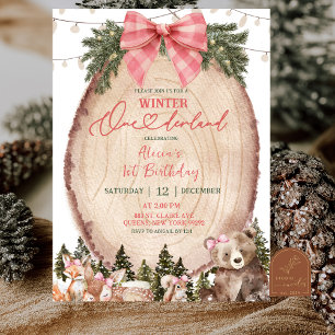 Rosa Kokette Rustikaler Winterwald 1. Geburtstag Einladung