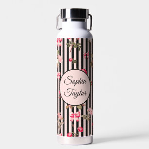 Rosa Kokette Schleife Vintage Rosen schwarze Strei Trinkflasche