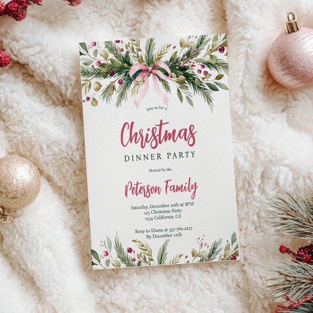 Rosa Koketten-Bogen Grandmillennial Weihnachtskran Einladung (Pink Coquette Bow Grandmillennial Christmas Wreath Invitation)