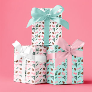 Rosa Kokettenbögen und immergrüne Kiefernzweige Geschenkpapier Set