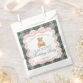 Rosa Kokettenschleifen-Bär-Karo-Geburtstagsdessert Geschenktütchen