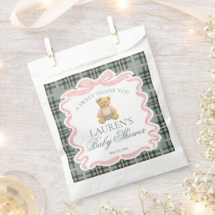 Rosa Koketterie-Bogen-Bär Kariert Baby Shower Dess Geschenktütchen