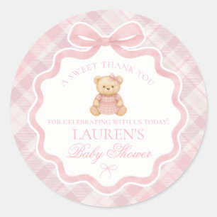 Rosa Koketterie-Bogen-Bär-Tartan-Baby-Shower-Mitge Runder Aufkleber