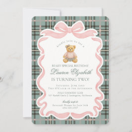 Rosa Koketterie-Bogen-Bär Tartan Karo Geburtstag Einladung
