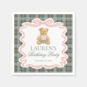 Rosa Koketterie-Bogen-Bär Tartan Karo-Geburtstag Serviette