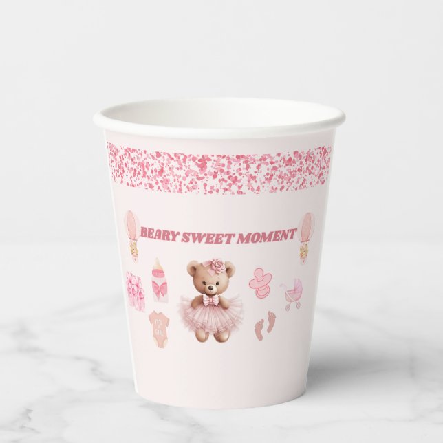 ROSA KONFETTI 240 ML BÄRCHEN MÄDCHEN BABY SHOWER PAPPBECHER (Vorderseite)