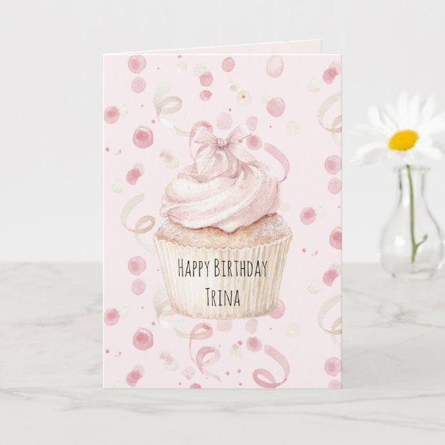 Rosa Konfetti-Cupcake-Schleife Geburtstag Karte (Kleine Pflanze)