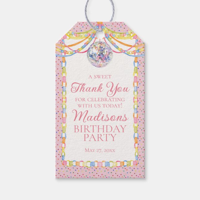 Rosa Konfetti Geburtstagsfeier Geschenke Geschenkanhänger (Vorderseite)