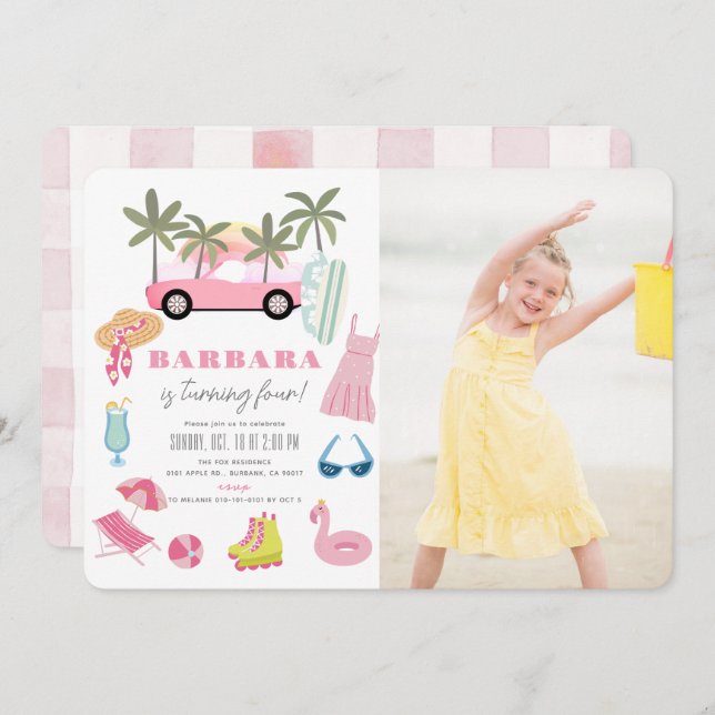 Rosa Konvertible Palme Tree Girl Birthday Foto Einladung (Vorne/Hinten)
