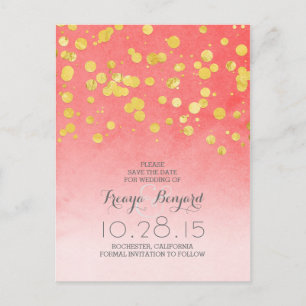 rosa Koralle Save the Date u. GoldGlitter Confetti Ankündigungspostkarte