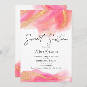 Rosa Korallen Aquarellgold Glitzer Foto Sweet 16 Einladung