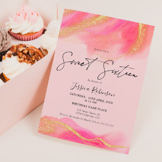 Rosa Korallen Aquarellgold Glitzer Foto Sweet 16 Einladung