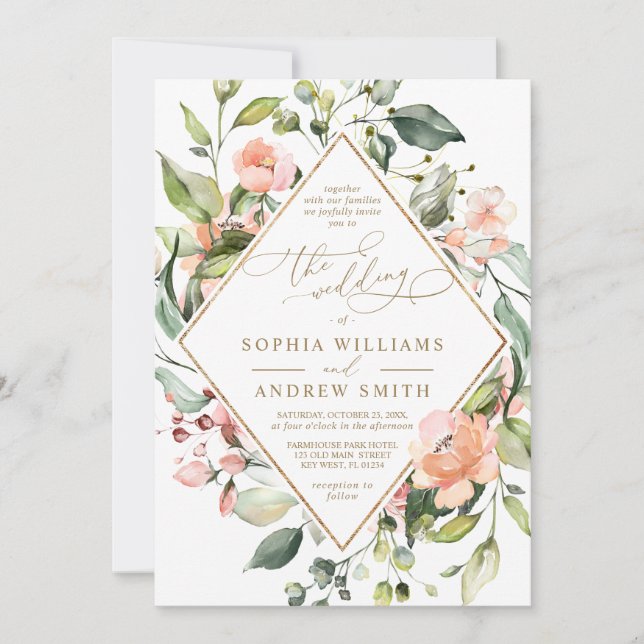 Rosa Korallen-Blume und Goldrahmen-Hochzeiten Einladung (Vorderseite)