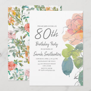 Rosa Korallen-Boho-Aquarell-Blumen zum 80. Geburts Einladung