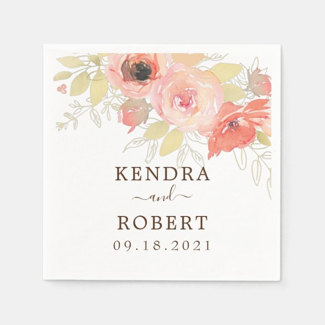 Rosa Korallen Rose Gold Blätter Polterabend Serviette (Vorderseite)