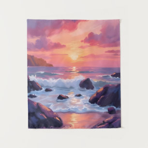 Rosa Korallen-Sonnenuntergang Ozeanwellen Aquare Wandteppich