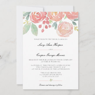 Rosa Korallen-Wasserfarben-Blumenhochzeit Einladung