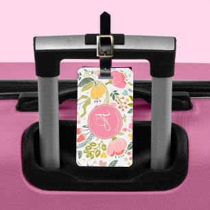 Rosa Korallen-Wasserfarben-Blumenmuster-Monogramm- Gepäckanhänger