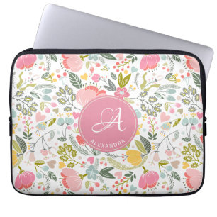 Rosa Korallen-Wasserfarben-Blumenmuster-Monogramm- Laptopschutzhülle