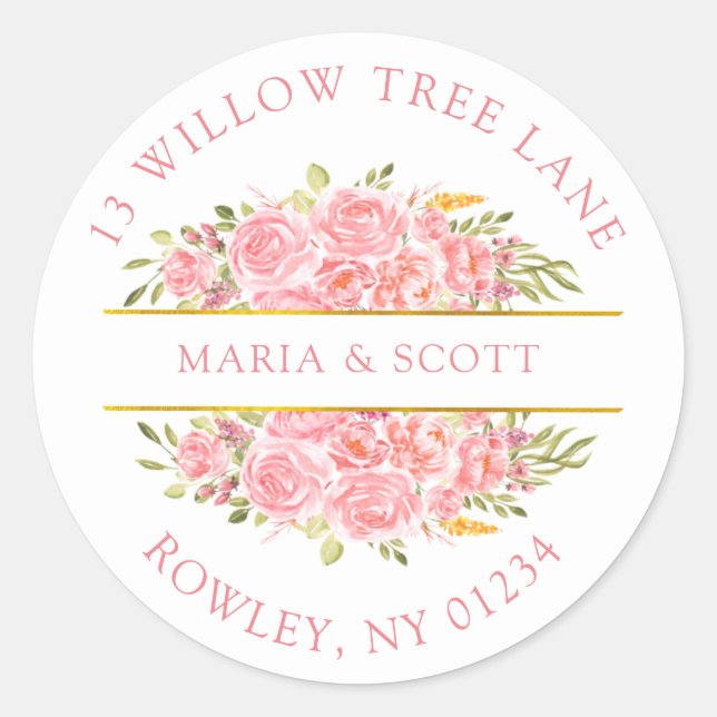 Rosa Korallenblume und goldene Rücksendeadresse Runder Aufkleber (Vorderseite)