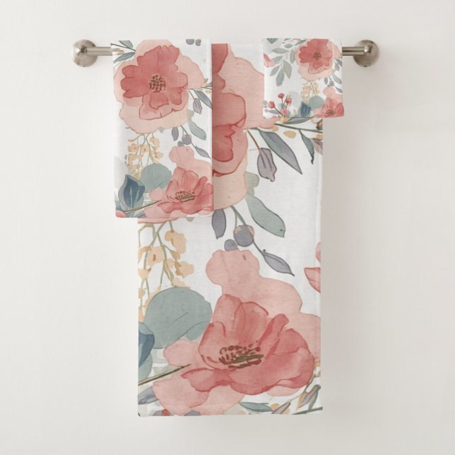 Rosa Korallengarten Blumen-Wasserfarben-Muster Badhandtuch Set (Insitu)
