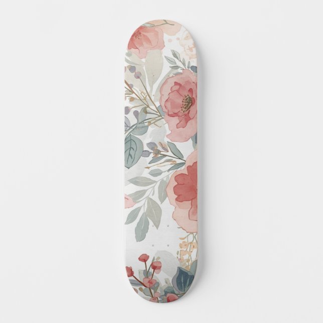 Rosa Korallengarten Blumiges Wasserfarbmuster Skateboard (Vorderseite)