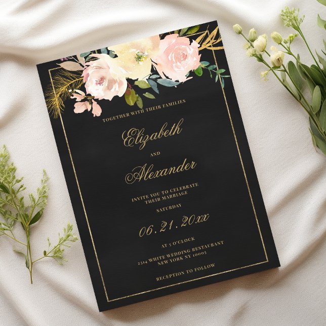 Rosa-Korallenhochzeit Einladung (Black charcoal gold pink coral floral wedding)