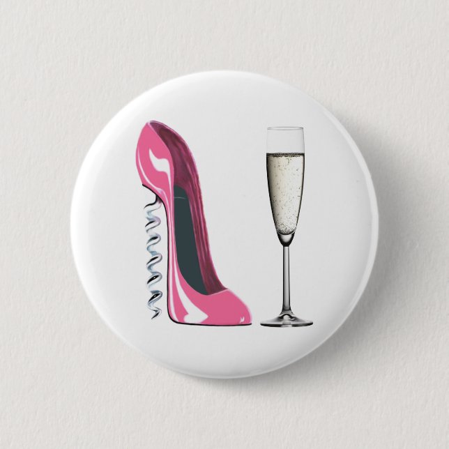 Rosa Korkenzieher-Stilett-Schuh und Champagne-Glas Button (Vorderseite)