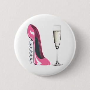 Rosa Korkenzieher-Stilett-Schuh und Champagne-Glas Button