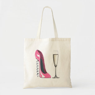 Rosa Korkenzieher-Stilett-Schuh und Champagne-Glas Tragetasche