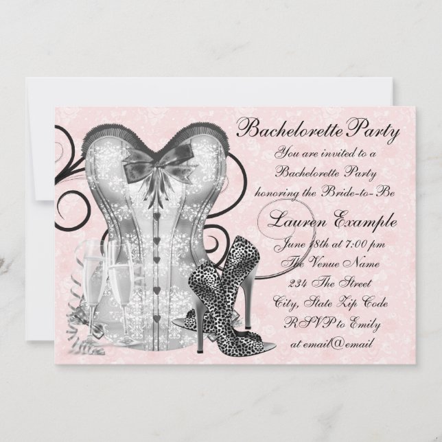 Rosa Korsett Rosa Schwarzer Junggeselinnen-Abschie Einladung (Vorderseite)