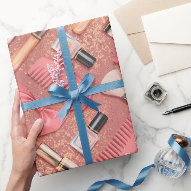 Rosa Kosmetik-Muster Glitter  Geschenkpapier (Schenken)