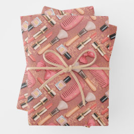 Rosa Kosmetik-Muster Glitter  Geschenkpapier Set