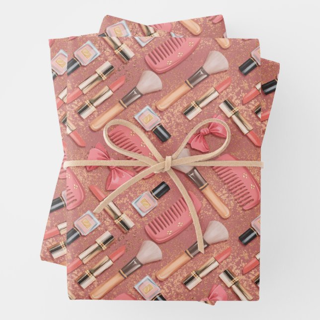Rosa Kosmetik-Muster Glitter  Geschenkpapier Set (Beispiel)