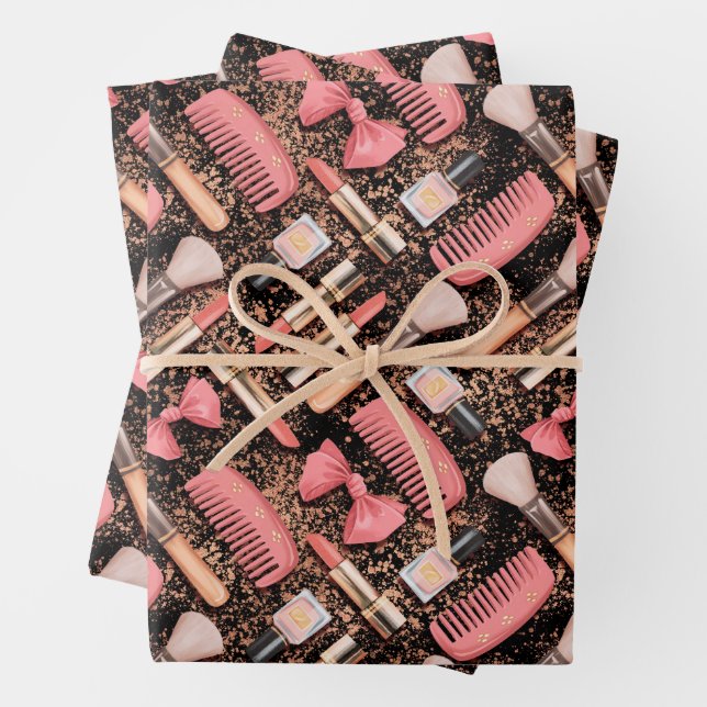Rosa Kosmetik-Muster Glitter  Geschenkpapier Set (Beispiel)