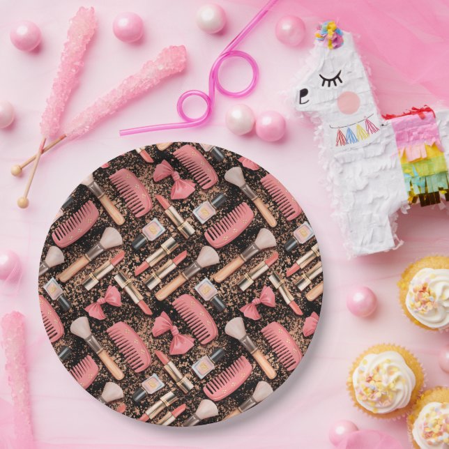 Rosa Kosmetik-Muster Glitter  Pappteller (Party)