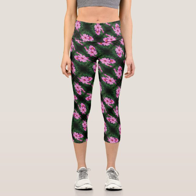 Rosa Kosmos Blume Abstraktes Muster Capri Leggings (Vorderseite)