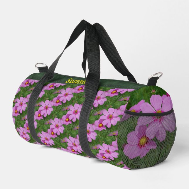 Rosa Kosmos-Blume Muster Personalisiert Duffle Bag (Rechte Ecke)