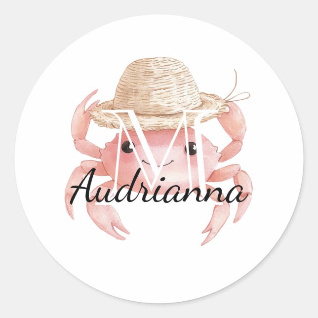 Rosa Krabbe mit Hut-Monogramm Runder Aufkleber (Vorderseite)