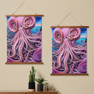 Rosa Kraken Oktopus Tentakel Wandteppich Mit Holzrahmen