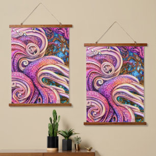 Rosa Kraken Tentacles Octopus Wandteppich Mit Holzrahmen