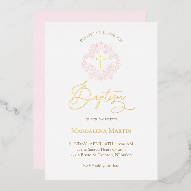 Rosa Kranz Taufen Folieneinladung (Vorderseite/Rückseite)