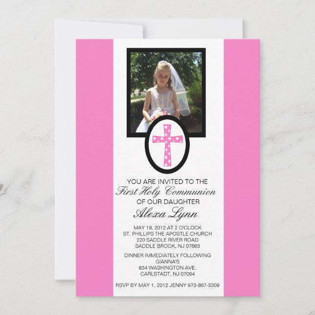 Rosa Kreuz mit Foto-Kommunions-Einladung Einladung (Vorderseite)