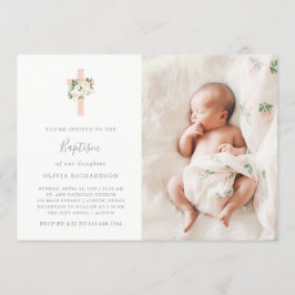 Rosa Kreuz und weiße Blume| Foto Girl Taufe Einladung
