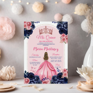 Rosa Kronen und blaue Blütenprinzessin Mis Quince Einladung