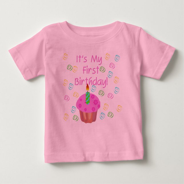 Rosa Kuchen-1. Geburtstag Baby T-shirt (Vorderseite)